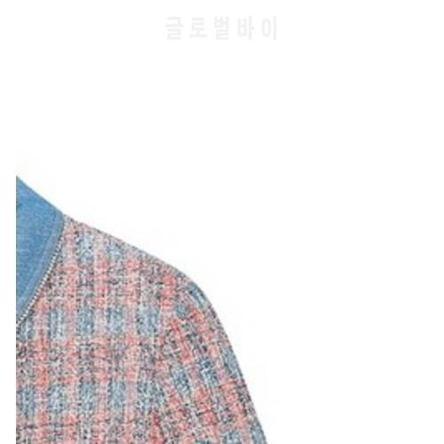 2021 Spring / Summer Woven Denim Stitching Tweed Slim Short Coat Women Long Sleeve Jacket