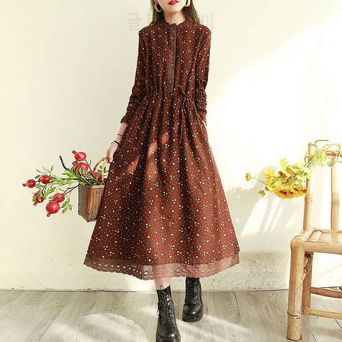 Women Cotton Linen Casual Dresses New Arrival 2021 Spring Vintage Style Stand Collar Patchwork Lace Loose Female Long Dress D008