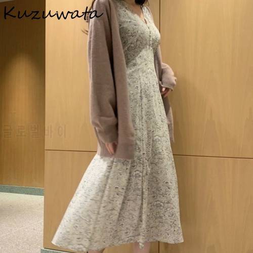 Kuzuwata V Neck Floral Print High Waist Women Dress Elegant French Style Fresh Vestidos Chic Button Slim Fit Dresses with Camis