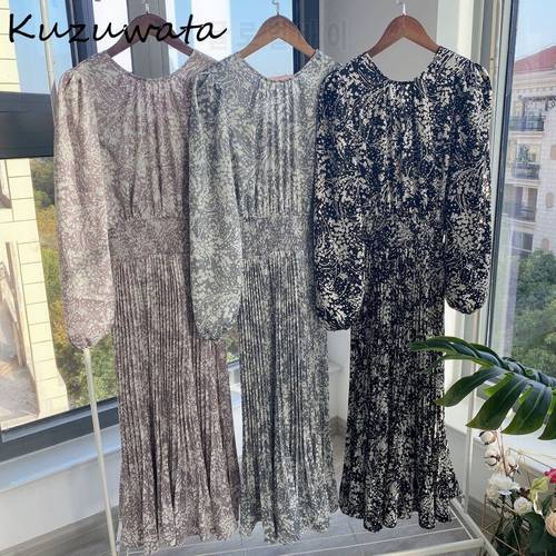 Kuzuwata Elegant V Neck Chic Print High Waist Dress 2023 Spring French Style Vestidos Puff Sleeve Aesthetic Women Dresses