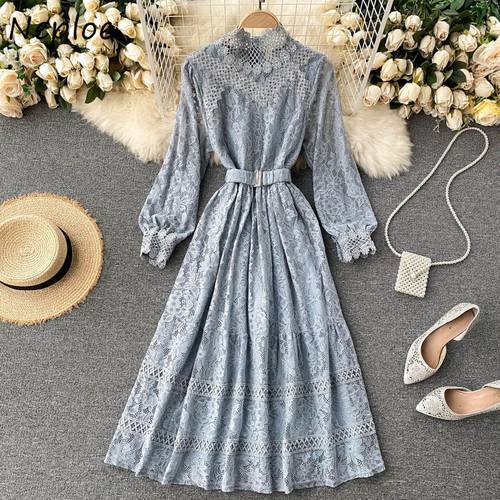 Neploe Elegant Lace Hollow Out Design Slim Dress Women High Waist Hip Sashes A Line Vestidos Stand Collar Long Sleeve Robe Solid
