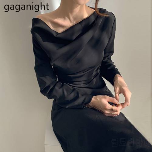 Gaganight Elegant Women Maxi Bodycon Party Dress Long Sleeve Ruched Party Robe Office Lady Solid Slim 2021 Spring New Vestidos