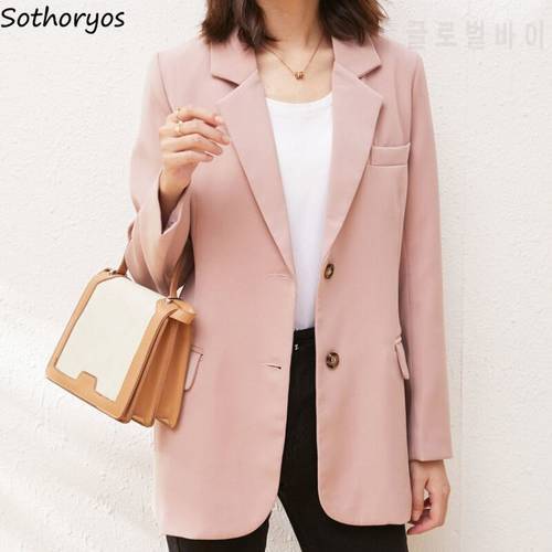 Solid Pink New Woman Blazers Single Breasted Korean Style Lovely Chic Fresh Students All-match Leisure Long Sleeve Fashion Tops
