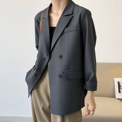 2021 Spring Basic Black Suit Jacket Women&39s Loose Long Sleeve Casual Oversized Blazer Suit Top V-neck Double Breasted Cardigan