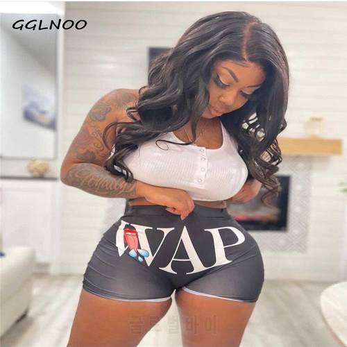 GGLNOO Women’s Summer Casual Personality Print Pattern Elastic High Waist Tight-Fitting Short Pants GG22847