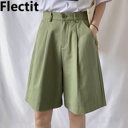 Flectit Women&39s Bermuda Shorts Cotton High Waist Wide Leg Front Pleats Plus Size Female Student Girl Casual Outfit