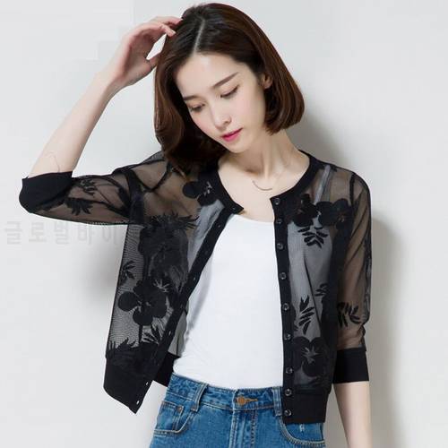 2022 Summer Women Half Sleeve Shawl Coat Thin Sun Protection Clothing Mesh Lace All-match Cardigan Single-breasted Jacket Y35