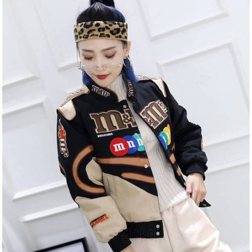 Women Embroidery Harajuku Patch Coat Winter Warm Jackets Female Hip Hop Long Sleeve Outwear
