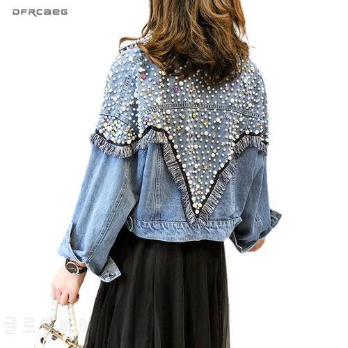 Vintage Women Jeans Jacket With Beading Diamonds 2020 Spring Streetwear Denim Jackets Coat Loose Oversized Outwear