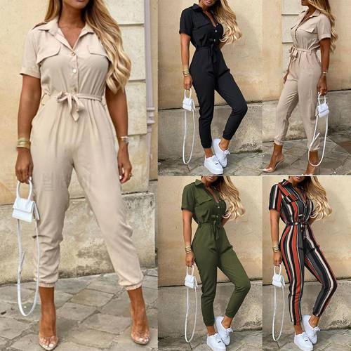 Office Lady Short Sleeve V Neck Stripes Print Button Belt One-Piece Jumpsuit perfect gifts for women