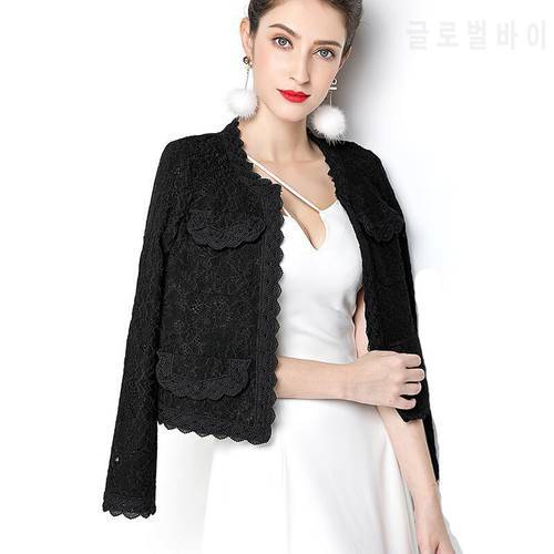 PEONFLY Elegant Women Blazer Long Sleeve Hollow Out Female Jacket Lace Patchwork Office Ladies Outwear Black White