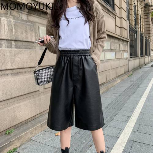S-3XL PU Leather Shorts Women&39s Autumn Winter New 2021 high waist elastic Loose Five Points Leather Trouser clothes Shorts