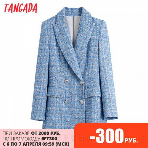 Tangada 2021 Women Double Breasted Tweed Blue Blazers Coat Office Lady Long Sleeve Pockets Female Outerwear BE508