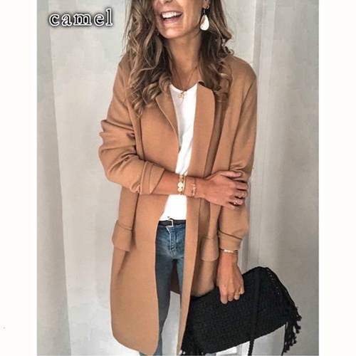 Women Long Blazer Coats Long Sleeve Fake Pocket Coat Blazers Office Ladies Solid Loose Pockets Cardigan Outerwear