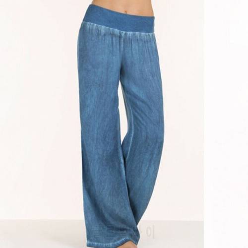 Casual Loose Solid Long Denim Pants Elastic Waist Mid Waist Pleated Fashion Wide Leg Pants Plus Size S-5XL