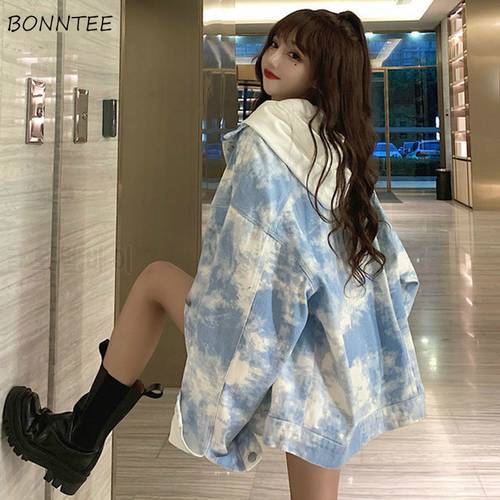 Women Basic Jackets Tie Dye Single Button Turn Down Collar Sweet Loose Preppy Style Korean Ins Cargo Denim Autumn Fashion Female