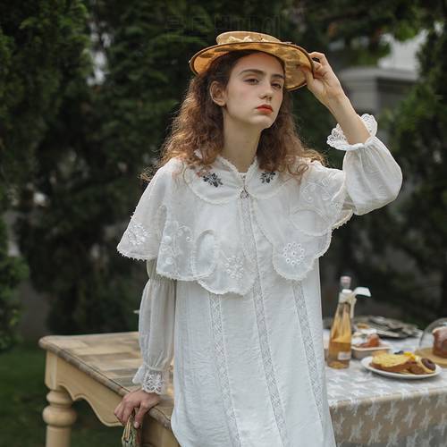 Women White Dress Spring Summer Mori Girls Vintage Elegant Sexy Hollow Out Embroidery Lace Cape Collar Loose Cotton Dresses
