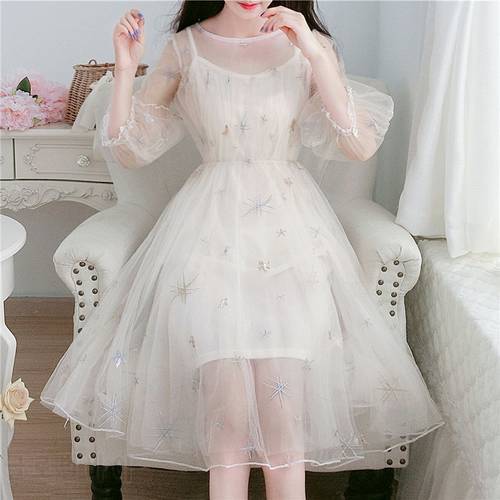 Spring and Autumn Korean Version of Sweet Fairy Style Mesh Ladies O-neck Dress Elegant Square Embroidery Sequin Sexy Cute Dress