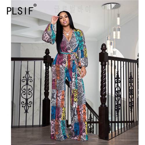 New Club Serpentine Print Overalls V Neck Full Sleeve Sexy Jumpsuit Ladies One Piece Body Mujer