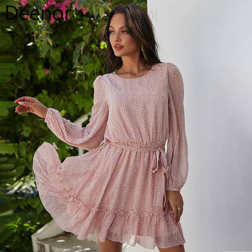 Deenor Chiffon Print Dress Summer Elegant Pink Long Sleeve Sashes Mini Dresses for Women Boho Casual Vacation Party Dress Robe