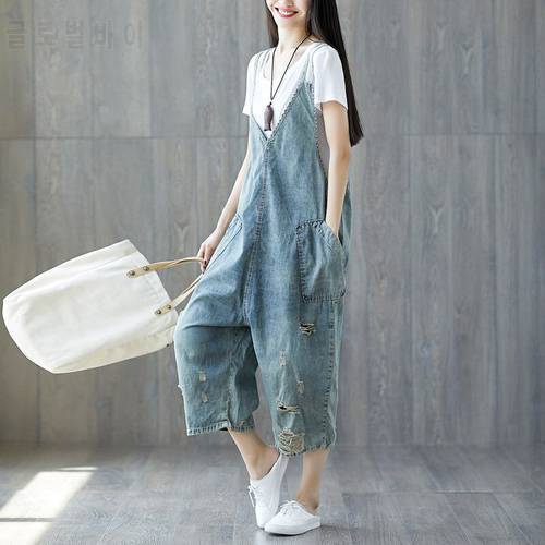 Women Thin Denim Jumpsuits Holes Vintage Loose Bleached Ripped Denim Trousers Female Jeans Summer Rompers 2018 Thin Trousers