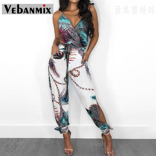 Womens Spaghetti Strap Mixed Print Slit Leg Jumpsuit Sexy V-Neck Jumpsuits for Women 2020 Club Outfits One Piece Rompers