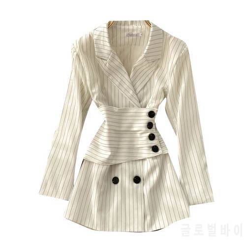 [EWQ] Sweet Long Sleeve Women Trend Coat Feminino Loose Notched Neck Office Lady Black Striped Blazer 2023 Spring 16W74601