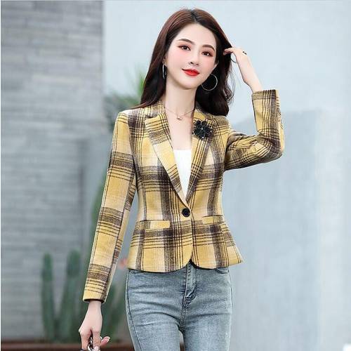 Blazer Women Suit New 2022 Spring Suits Women&39s Jackets Short Slim Long Sleeve Lattice Blazers Female Coat Yellow