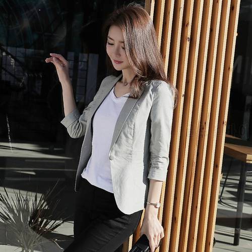 Spring Summer Women 2022 New Office Lady Solid Cotton Linen Short Blazers Female Single Button Casual Slim Suit Outwears B20