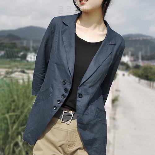 2021 New Spring Korean Style Women Casual Single Breasted Cotton Linen Blazer Slim Three Quarter Sleeve Notched Collar Coat W81