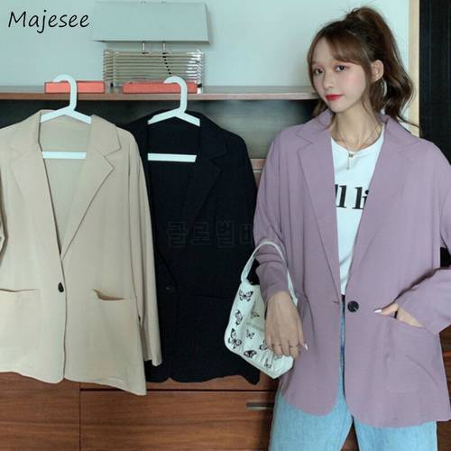 Blazers Womens Solid Single Button Notched Casual Trendy Pockets Outwear Korean Style Loose Simple Chic Design All-match Basic