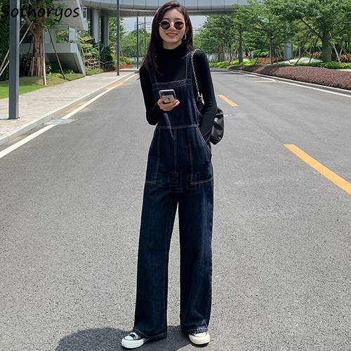Spring Autumn Denim Jumpsuits Women Loose Solid Chic Big-pockets Sleeveless All-match Student Straight Jumpsuit Trousers Outwear