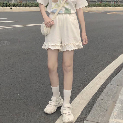 Women Shorts Preppy Style Japanese High Waist Elastic Ruffles Wide Leg Trousers Students Sweet Korean Chic All-match Casual New