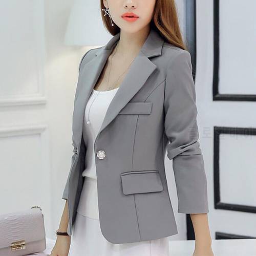 Spring Autumn Slim Fit Women Formal Jackets Work Office Ladies Lapel Solid Coat Grey Black Fashion Chaqueta Female Tops G701302