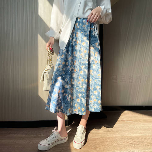 BiggOrange Blue Oil Painting Printing Pleated Skirt Women Vintage Harajuku High Waist Long Skirt Korean Style Summer Clothes Hot