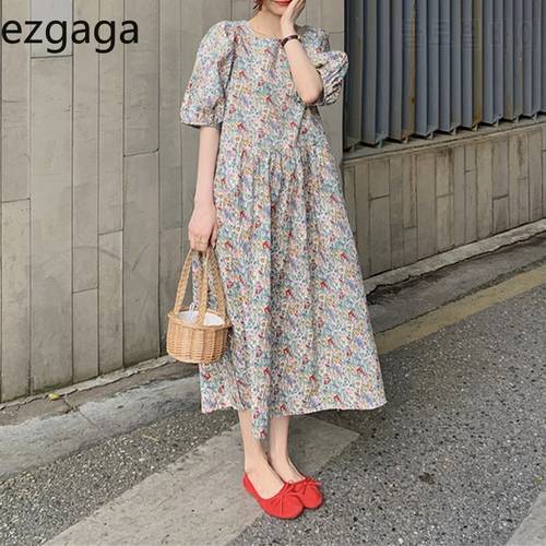 Ezgaga Floral Printed Dress Women French Style Vintage Half Puff Sleeve 2021 Spring Summer Girl Tender Elegant Dresses Vestidos