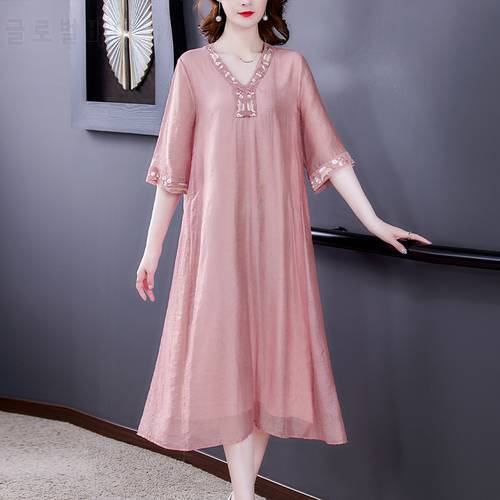2021 New Cotton Embroidery Loose Large Hem Women&39s Dress Simple Korean Stitching Three-quarter Sleeve Women Clothes