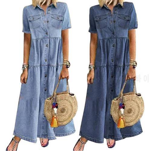 Women&39s Dress Ladies Summer Fashion Retro Women Short Sleeve Turn Down Collar Pockets Buttons Long Loose Denim Jean Dress