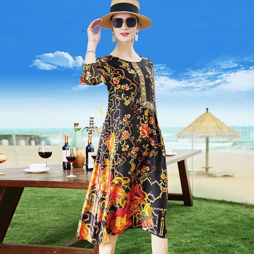 Female Silk Loose 2021 Summer Vintage Floral Print O-neck Casual Elegant Women Dress Plus Size M-4XL Ladies Clothing Vestidos