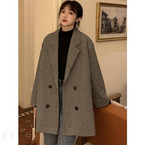 Blazer Coat Women 2020 Autumn Winter New Plaid Suit Jacket Female Korean Style Loose Design Casual Long Sleeve Top y1229