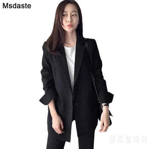 2019 Elegant Black Single Button Women Blazer New Autumn Coats Vintage Solid Loose Office Work Wear Tops Outerwear Female Jacket