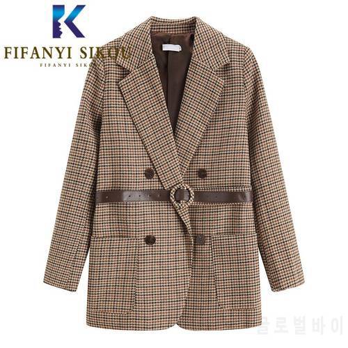 Autumn Winter Women Plaid Blazer Jacket Fashion Double Breasted Lapel Suit Jacket With Belt Ladies Office Loose Blazers Coat