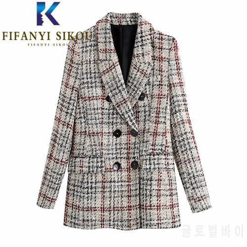 Autumn Winter Women High Quality Tweed Blazer Jacket Double Breasted Fashion Plaid Suit Jacket Ladies Loose Woolen Blazers Coat