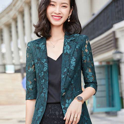 PEONFLY Thin Lace Suit Coat Women&39s Casual Loose Korean Women Half Sleeeved Office Lady Lace Slim Fashion Single Breasted Suit