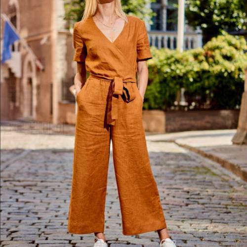 Fashion Autumn Casual Short Sleeve Womens Jumpsuit Loose Wide Leg Playsuit Women V Neck Jumpsuits Rompers With Belt Long Pants