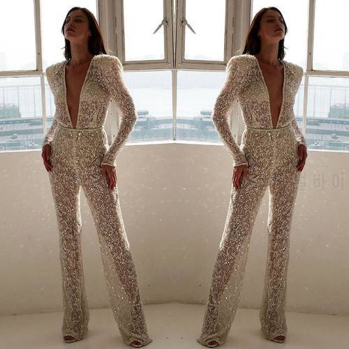 OMILKA Puff Sleeve Glitter Sequin Jumpsuit 2020 Spring Women Deep V Neck Embroidery Lace See Through Club Party Full Overalls