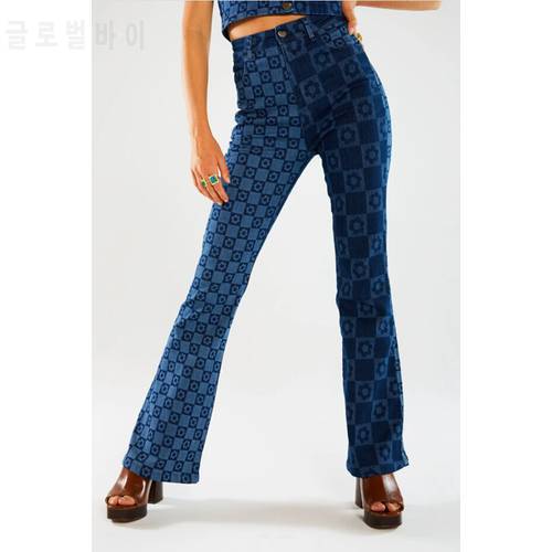 Female Jeans Plaid Flower Print High Waist Trousers Long Loose Pants for Spring Fall