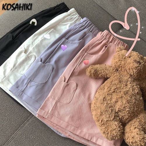 KOSAHIKI Summer Shorts Women Streetwear Bear Pockets Lolita Kawaii High Waist Shorts Casual Loose Elastic Waist Straight Shorts
