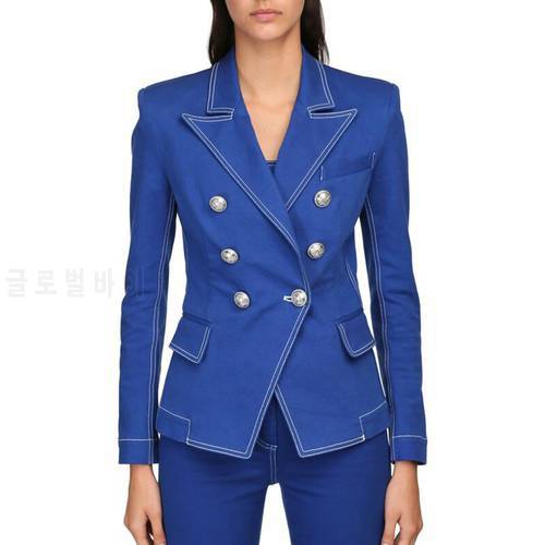 HIGH QUALITY New Fashion 2022 Designer Jacket Women&39s Top Stitching Contrast Lion Buttons Double Breasted Denim Blazer