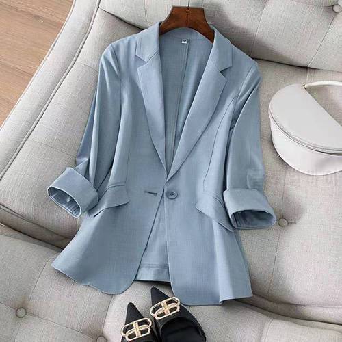 Hot Selling Blazers New Spring Summer Women&39s Jacket 2021 Chic OL Slim Blazer Femme Elegant Single Button Blue Black Office Suit